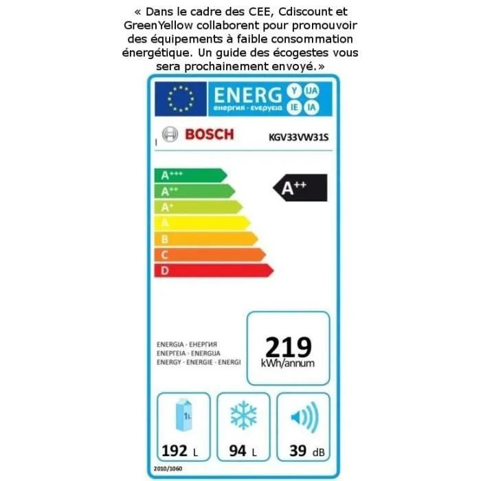 Réfrigérateur congélateur bas – 286L (192+94) – Froid brassé low frost – A++ – L 60cm x H 176cm – Blanc BOSCH KGV33VW31S