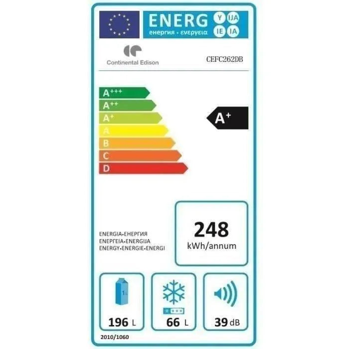 Réfrigérateur combiné – 262L (196L + 66L) – Froid statique – A+ – L 55 x H 180 cm – Noir CONTINENTAL EDISON CEFC262DB